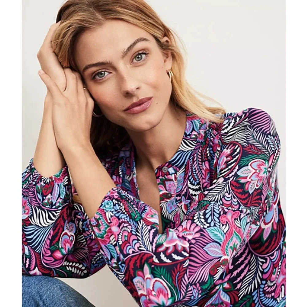 Loft Paisley Multicolor Stand Collar Henley Blouse